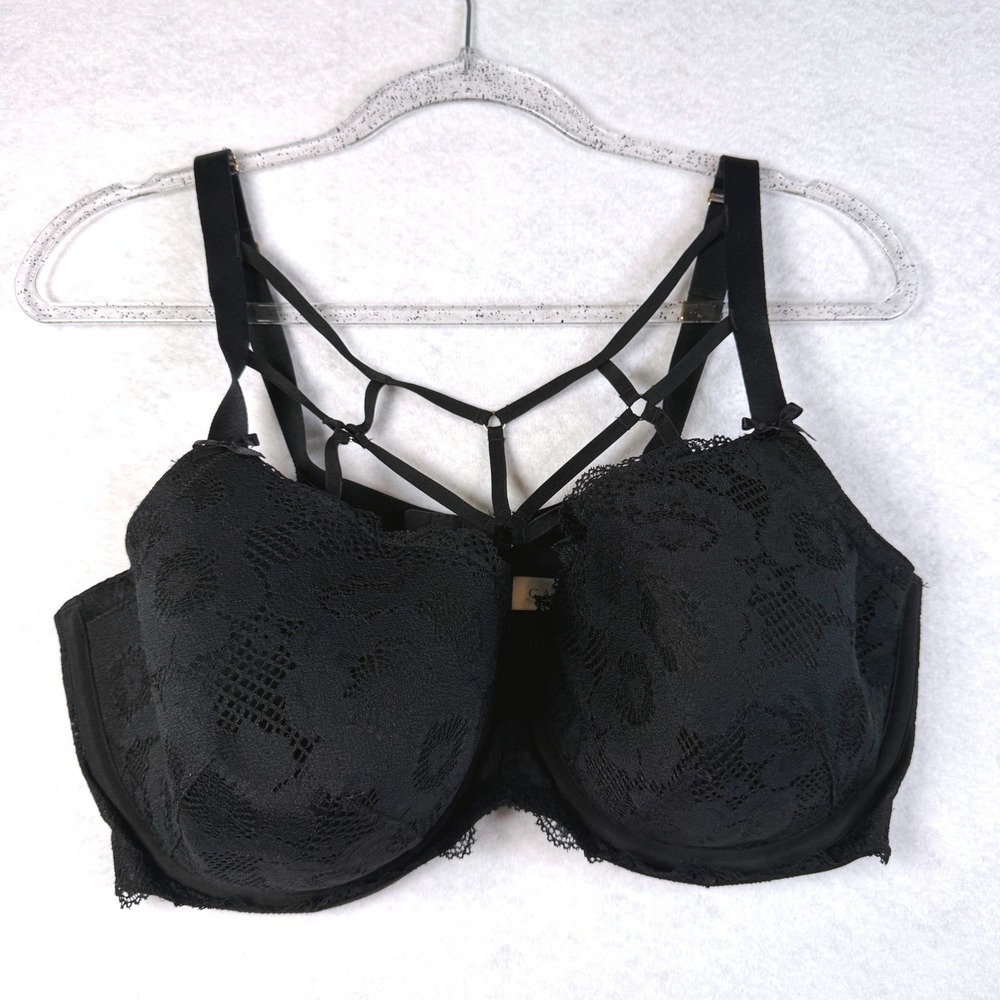 Cacique Black Lace Cage Strap Lightly Lined Balconette Bra 40DDD 610635, 1 Flaw - Picture 8 of 16
